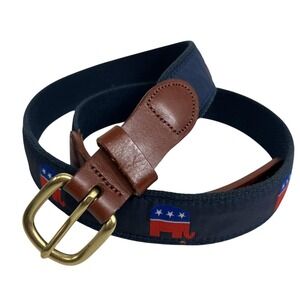 Leather Man Ltd Belt 36 Blue GOP Elephant Cloth Leather Brass USA Republican